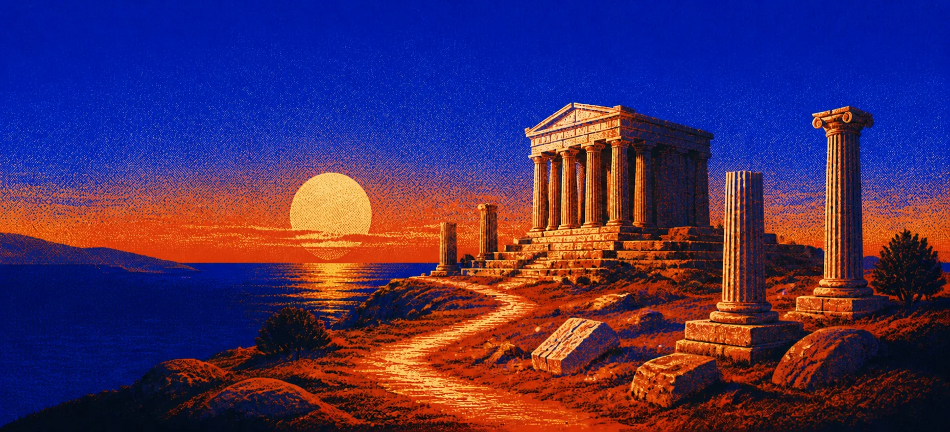 Temple antique au bord de la mer au coucher du soleil.